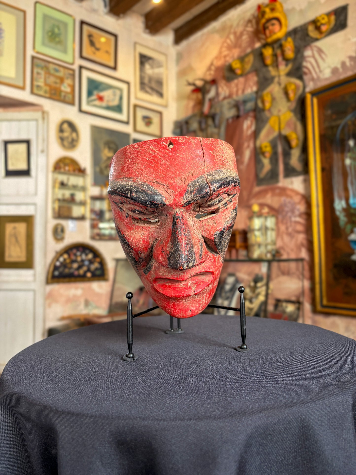 Handcrafted polychrome patancan wood reptile dance mask carved from a single block, Costa Chica Guerrero Mexico, circa 1970s