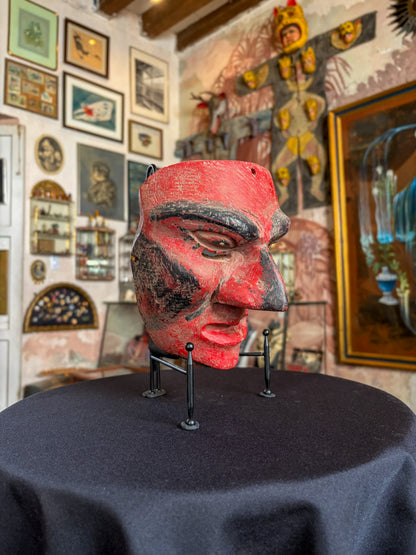 Handcrafted polychrome patancan wood reptile dance mask carved from a single block, Costa Chica Guerrero Mexico, side view
