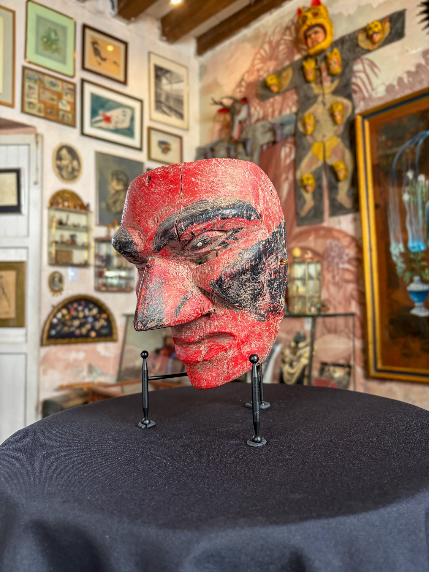 Handcrafted polychrome patancan wood reptile dance mask carved from a single block, Costa Chica Guerrero Mexico, back view