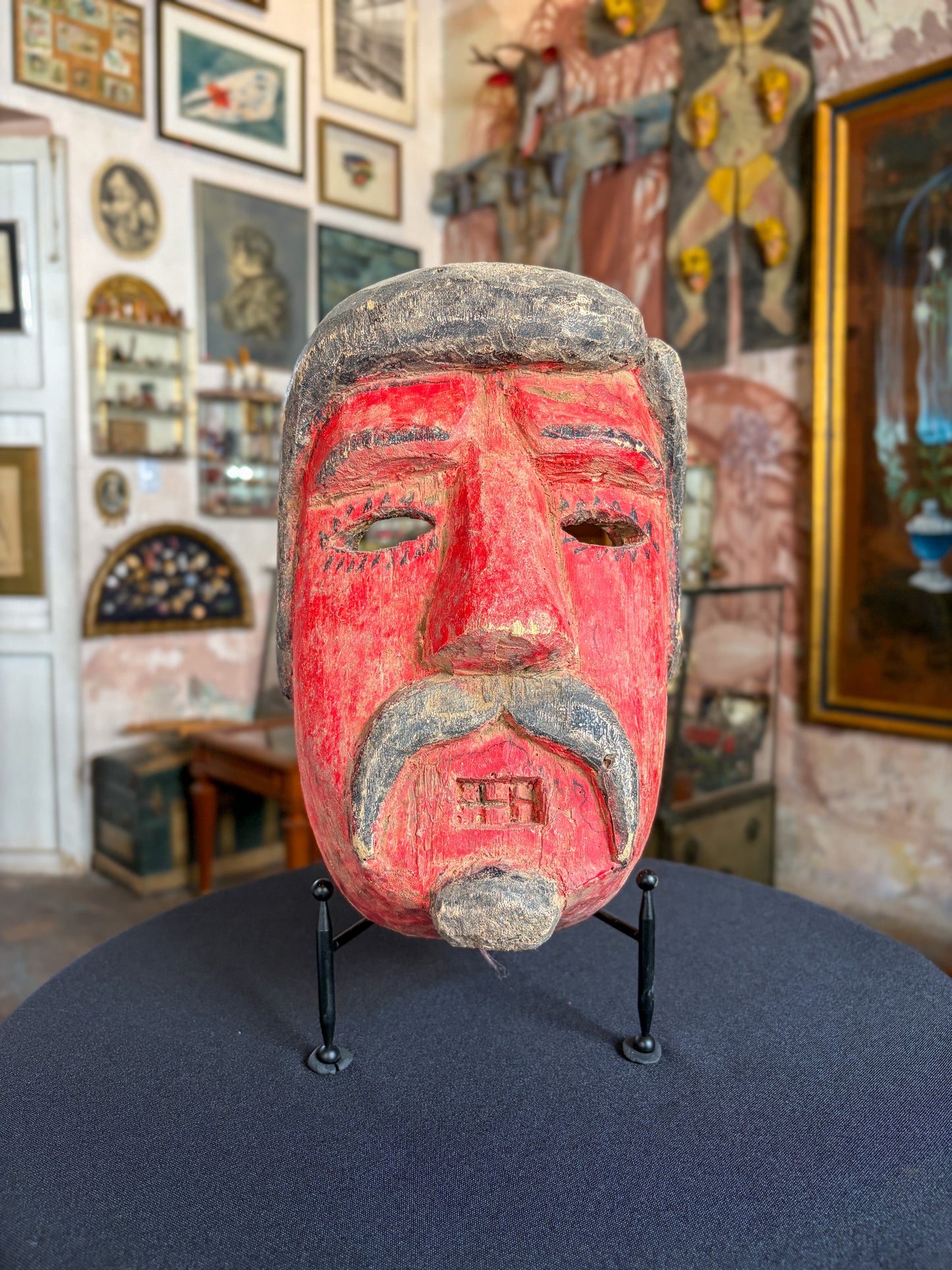 Handcrafted polychrome tzompantle wood Pilate dance mask, Puebla Mexican folk art