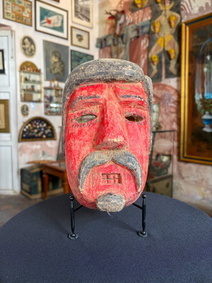 Handcrafted polychrome tzompantle wood Pilate dance mask, Puebla Mexican folk art