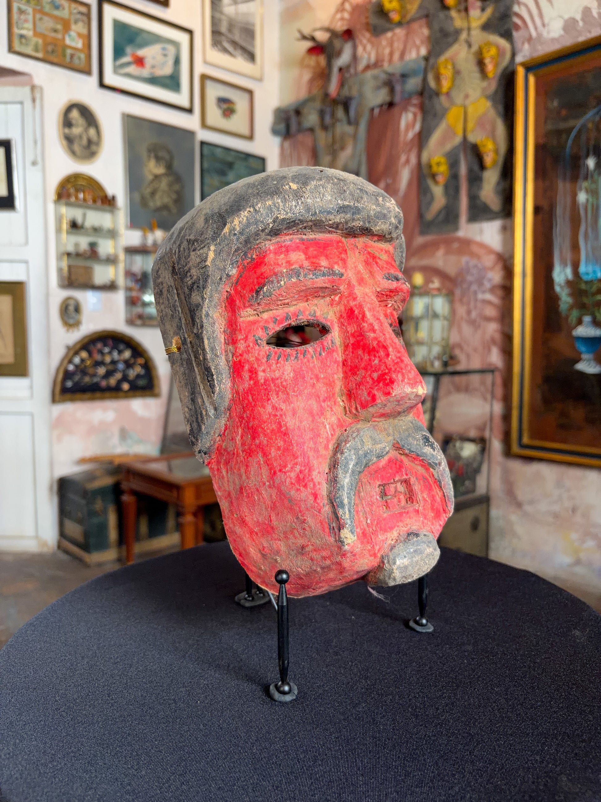 Handcrafted polychrome tzompantle wood Pilate dance mask, Puebla Mexican folk art, back view