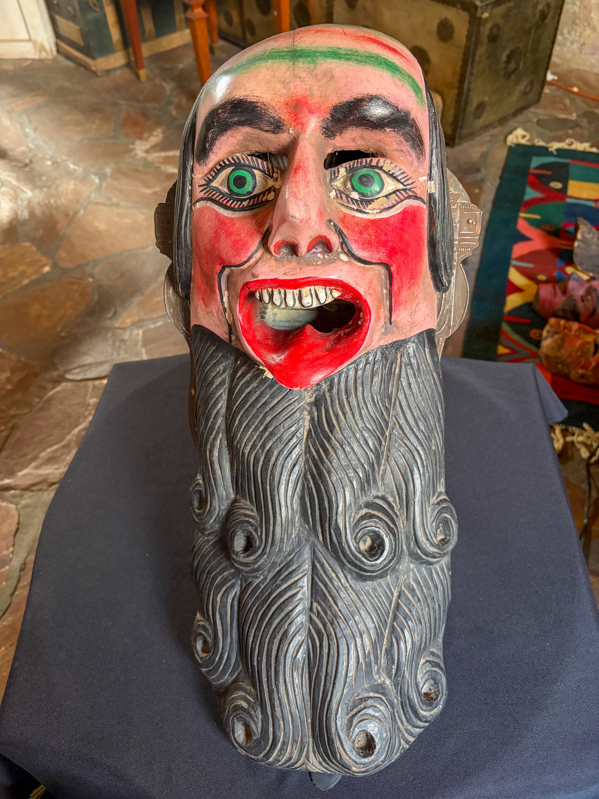 Handcrafted polychrome carved wood hermit dance mask for Pastorela plays, Michoacan Mexico, late 20th century, Michoacán