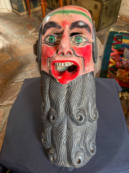 Handcrafted polychrome carved wood hermit dance mask for Pastorela plays, Michoacan Mexico, late 20th century, Michoacán