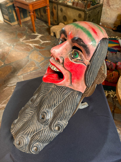 Handcrafted polychrome carved wood hermit dance mask for Pastorela plays, Michoacan Mexico, late 20th century, side view