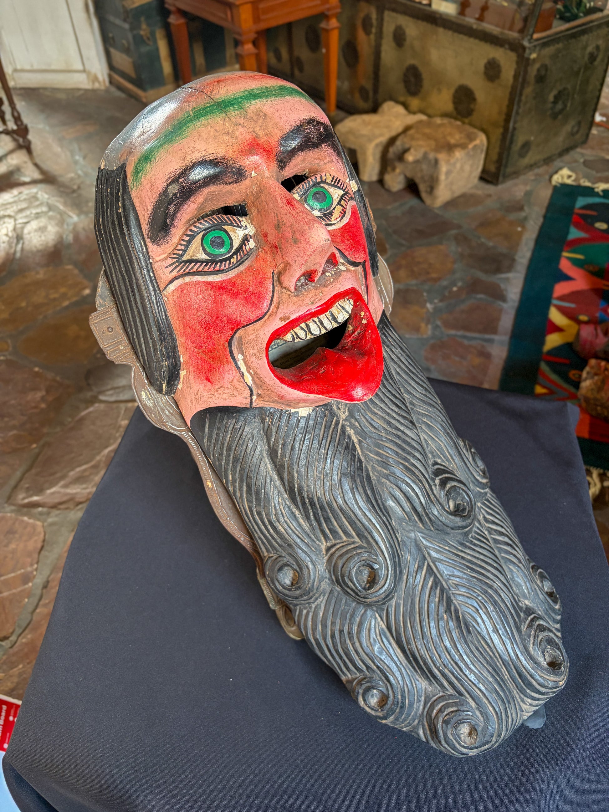Handcrafted polychrome carved wood hermit dance mask for Pastorela plays, Michoacan Mexico, late 20th century, back view