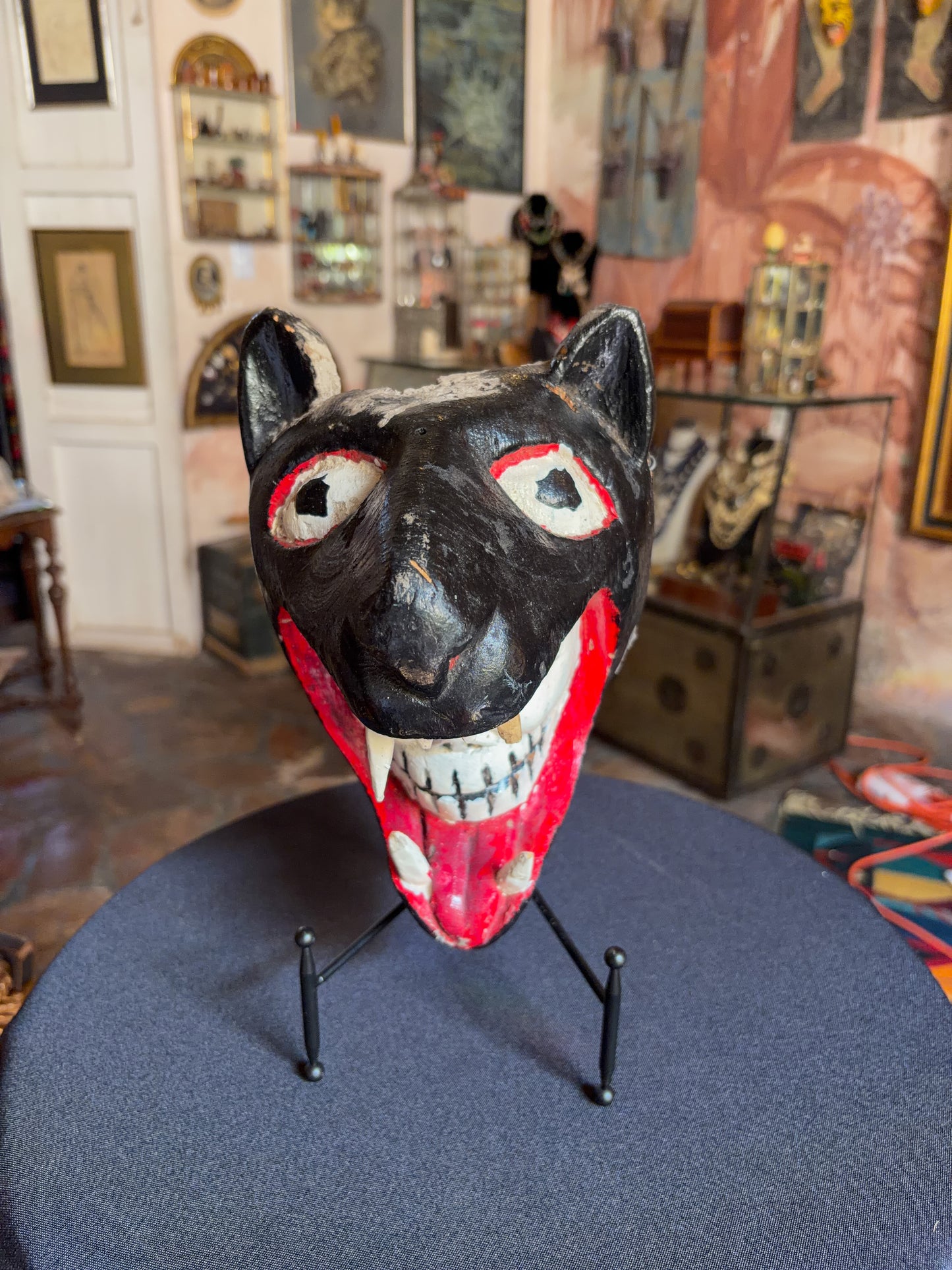 Handcrafted polychrome carved wood jaguar skull dance mask, Guerrero Mexican folk art