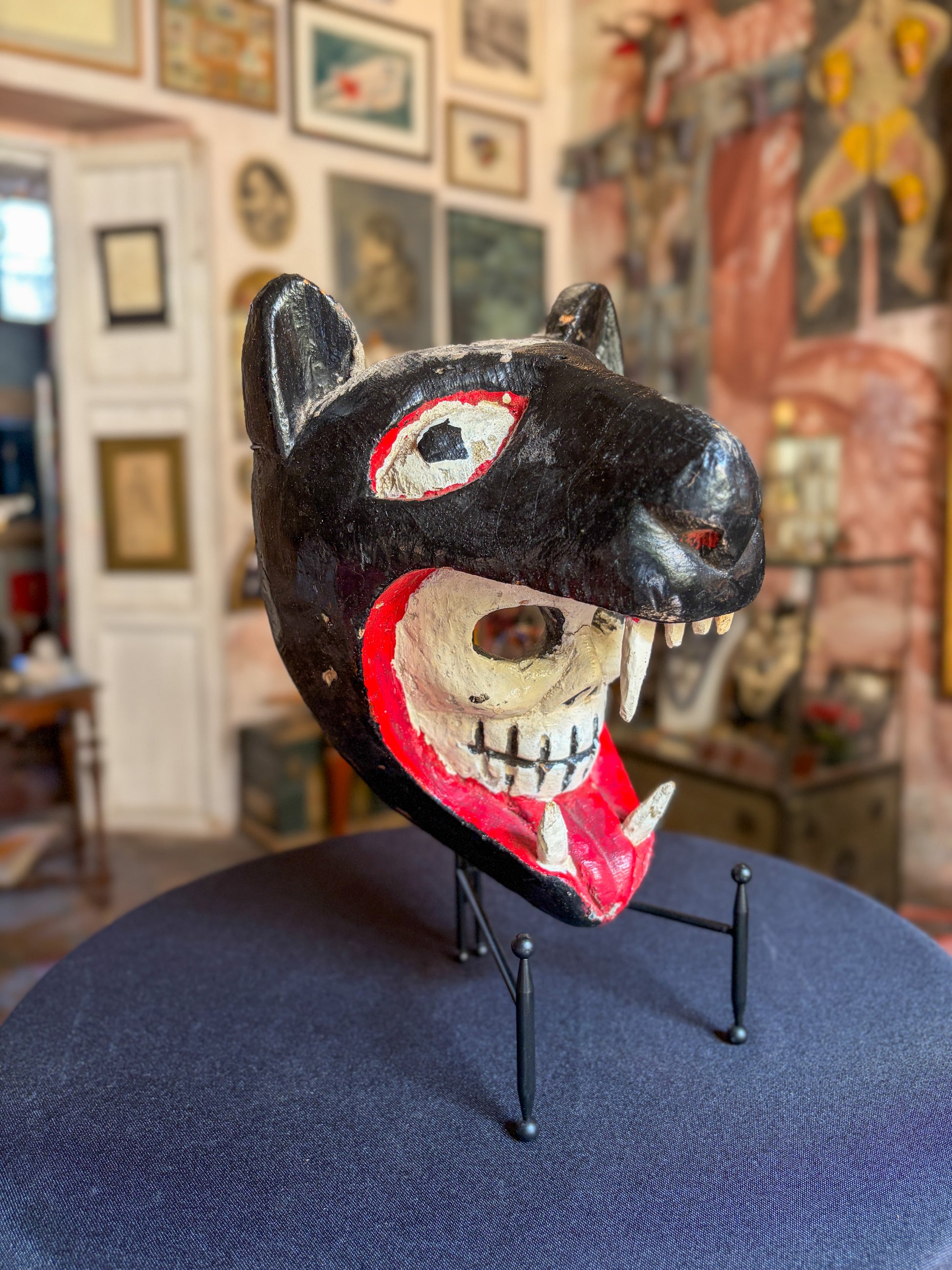 Handcrafted polychrome carved wood jaguar skull dance mask, Guerrero Mexican folk art, back view