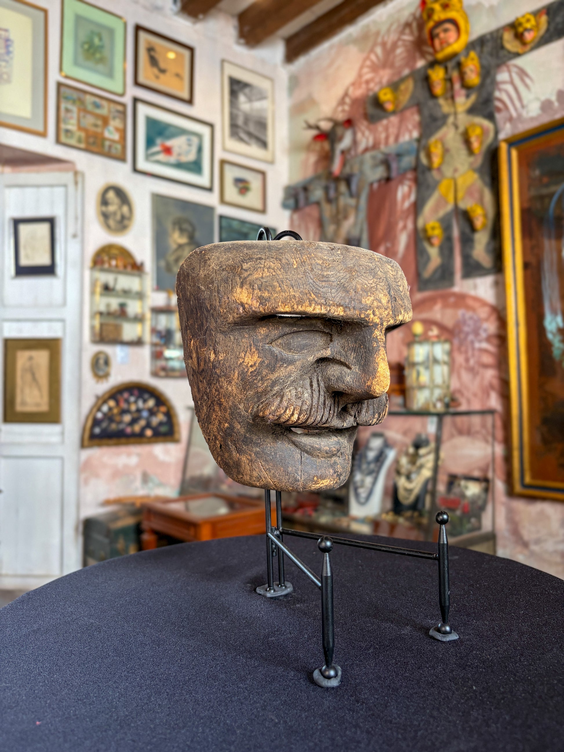 Antique hand-carved mezquite wood Moor dance mask, Mexican folk art