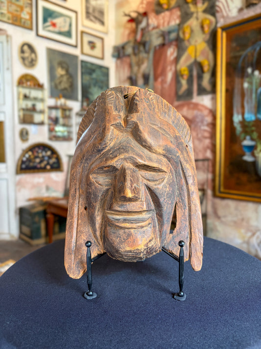 Handcrafted natural wood Maya warrior face folk art mask, Mexican folk art