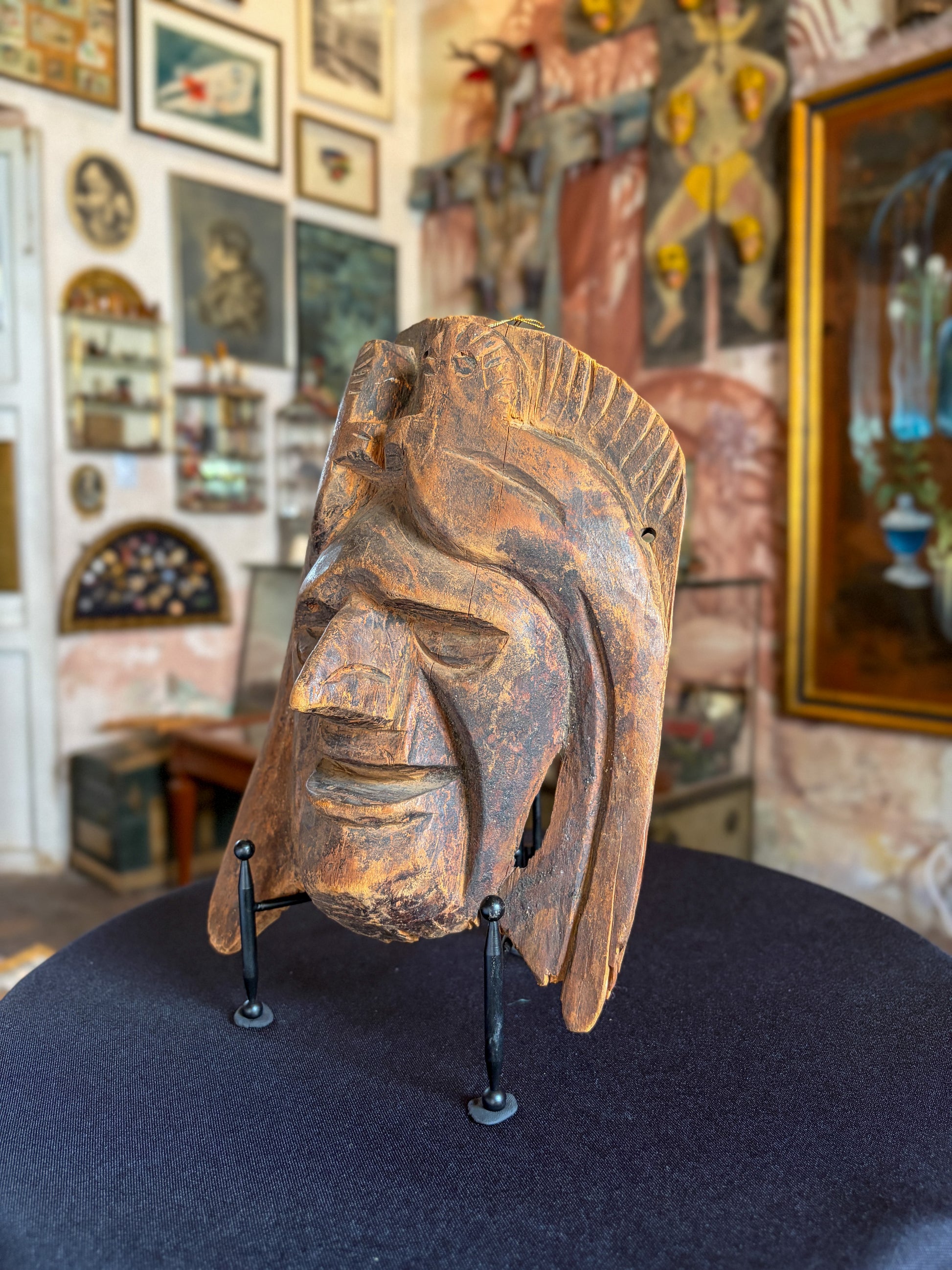 Handcrafted natural wood Maya warrior face folk art mask, Mexican folk art, side view