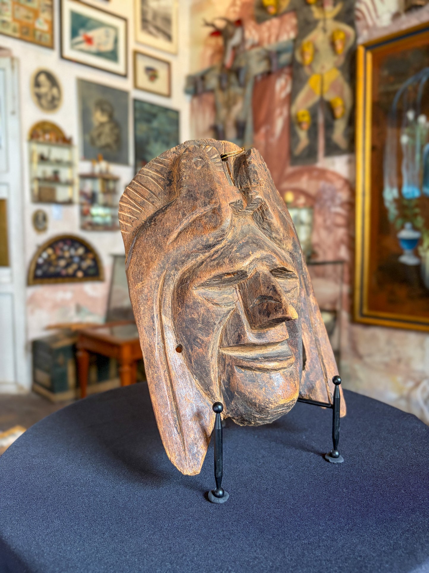 Handcrafted natural wood Maya warrior face folk art mask, Mexican folk art, back view