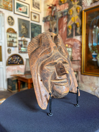 Handcrafted natural wood Maya warrior face folk art mask, Mexican folk art, back view