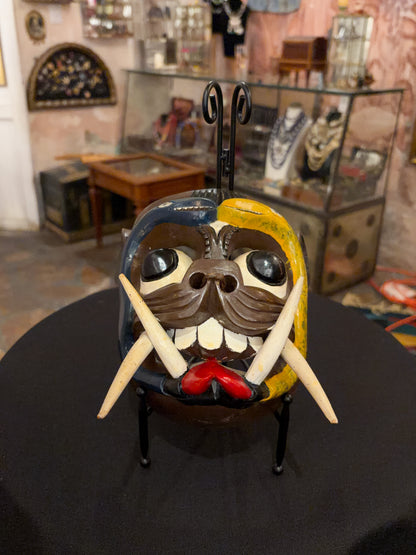 Polychrome carved wood and hide jaguar-serpent hybrid dance mask, Michoacan Mexico, circa 1970s, Guerrero Mexican folk art