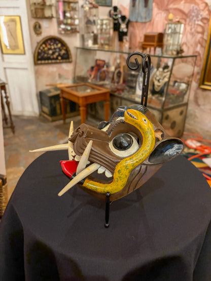 Polychrome carved wood and hide jaguar-serpent hybrid dance mask, Michoacan Mexico, circa 1970s, Guerrero Mexican, side view