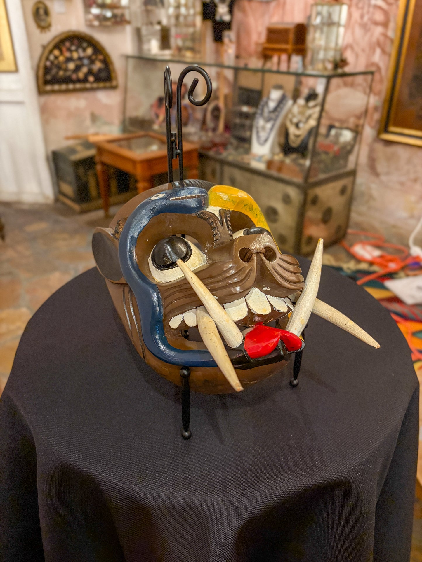 Polychrome carved wood and hide jaguar-serpent hybrid dance mask, Michoacan Mexico, circa 1970s, Guerrero Mexican, back view