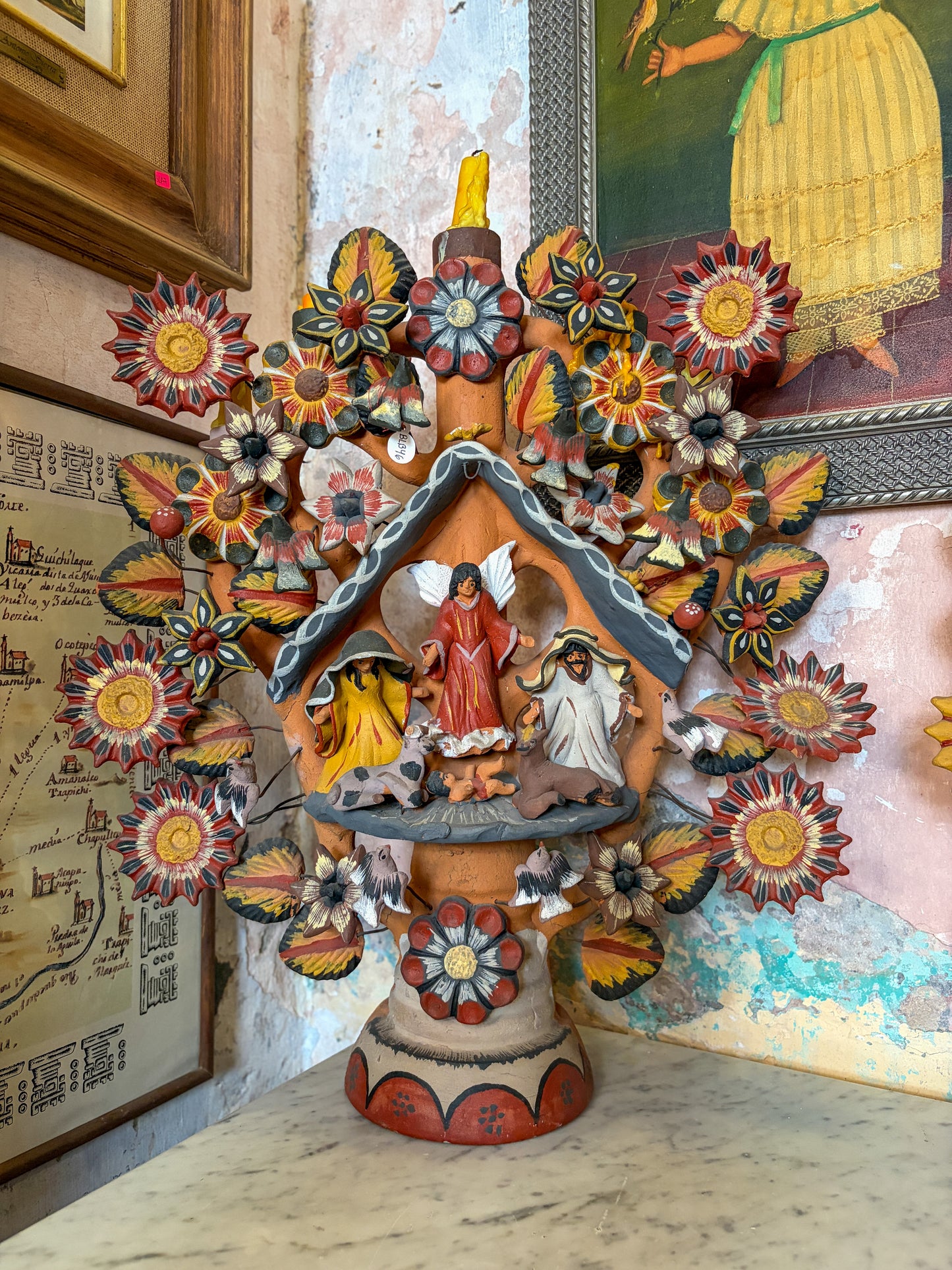 Polychrome fired clay nativity tree of life candelabra, Mexican folk art