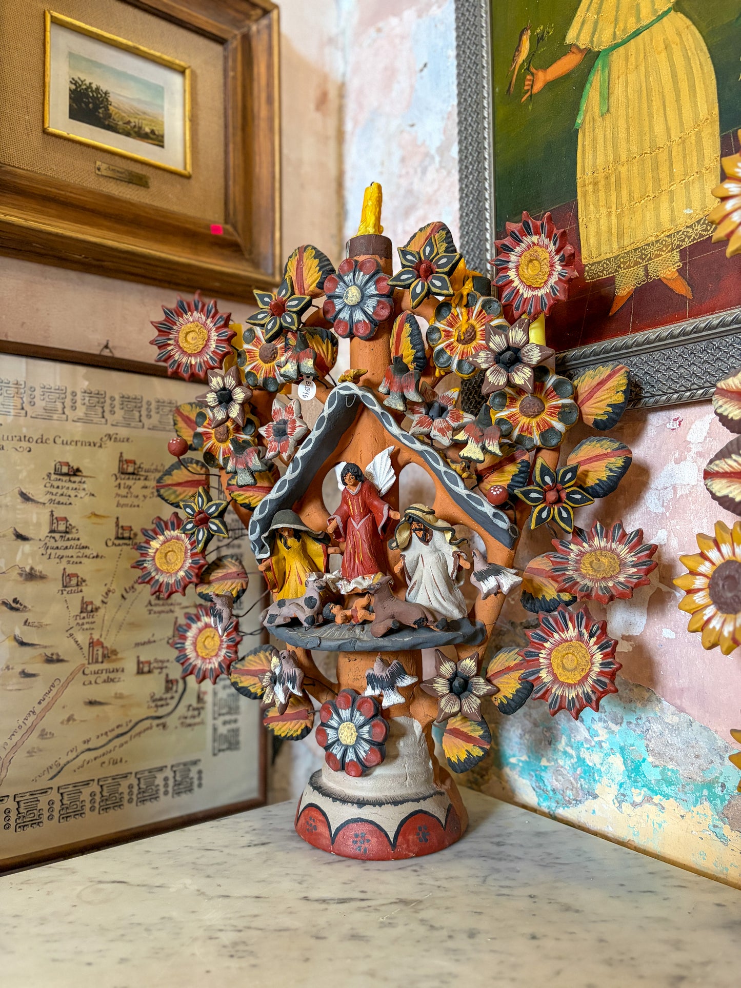 Polychrome fired clay nativity tree of life candelabra, Mexican folk art, side view