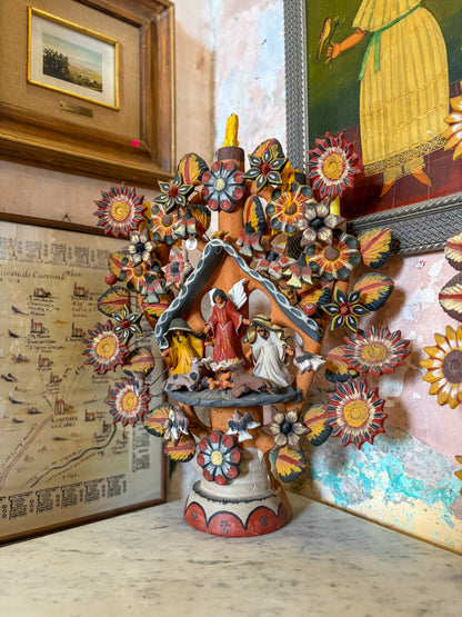 Polychrome fired clay nativity tree of life candelabra, Mexican folk art, side view