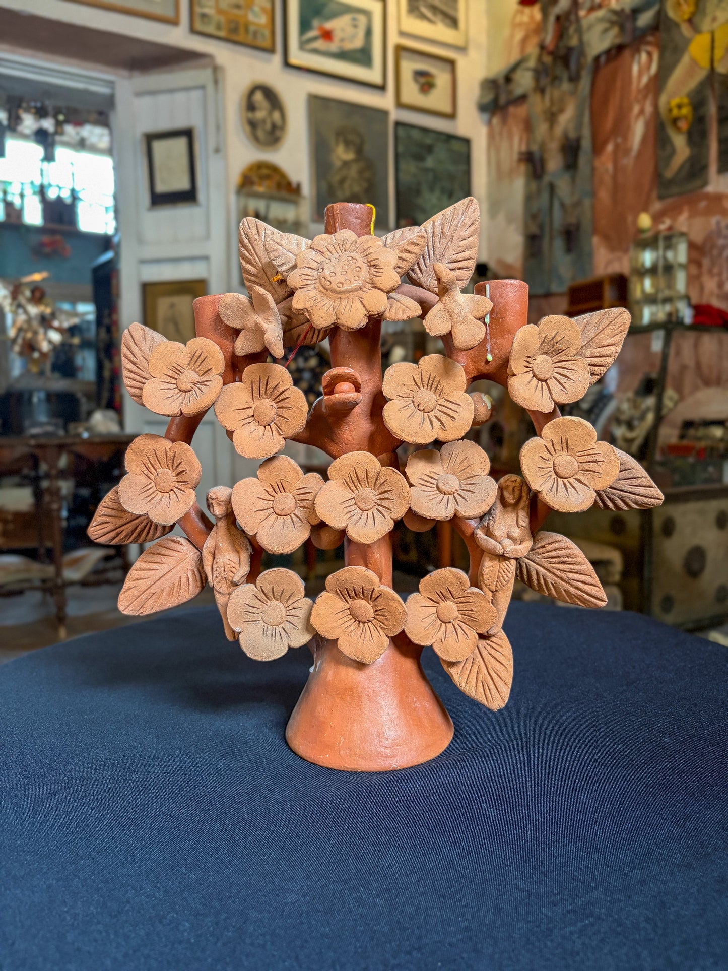 Handcrafted painted clay tree of life with floral design, Mexican folk art