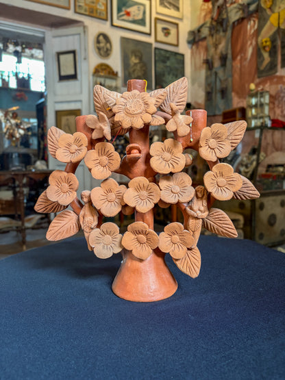 Handcrafted painted clay tree of life with floral design, Mexican folk art
