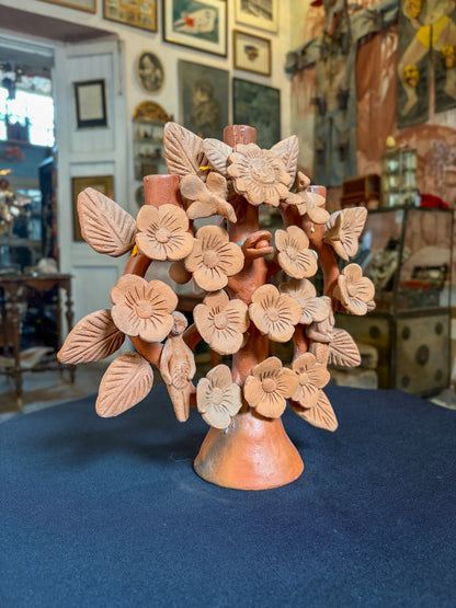 Handcrafted painted clay tree of life with floral design, Mexican folk art, top view