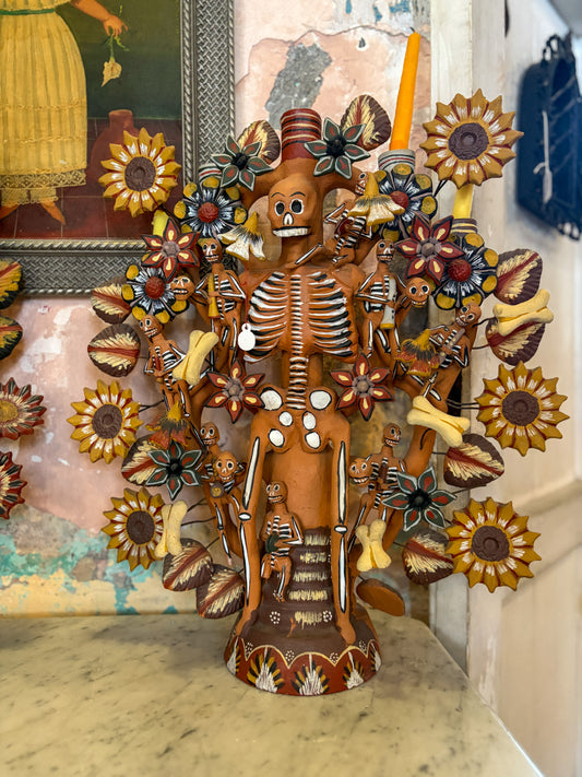 Polychrome fired clay tree of life candelabra with skeleton musicians, Metepec Mexico, circa 1970s, Mexican folk art