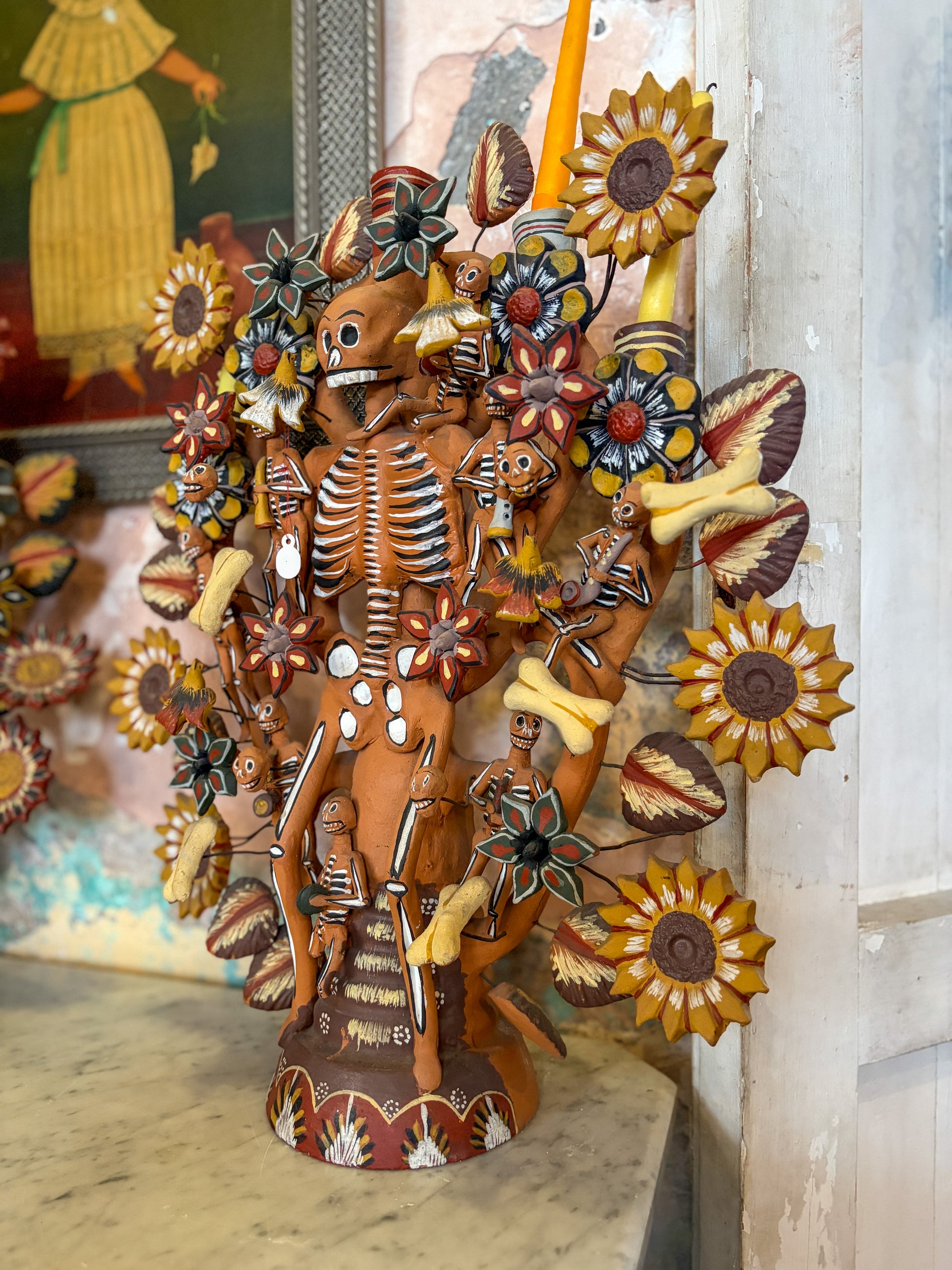 Polychrome fired clay tree of life candelabra with skeleton, Metepec Mexico, circa 1970s, Mexican folk art, side view