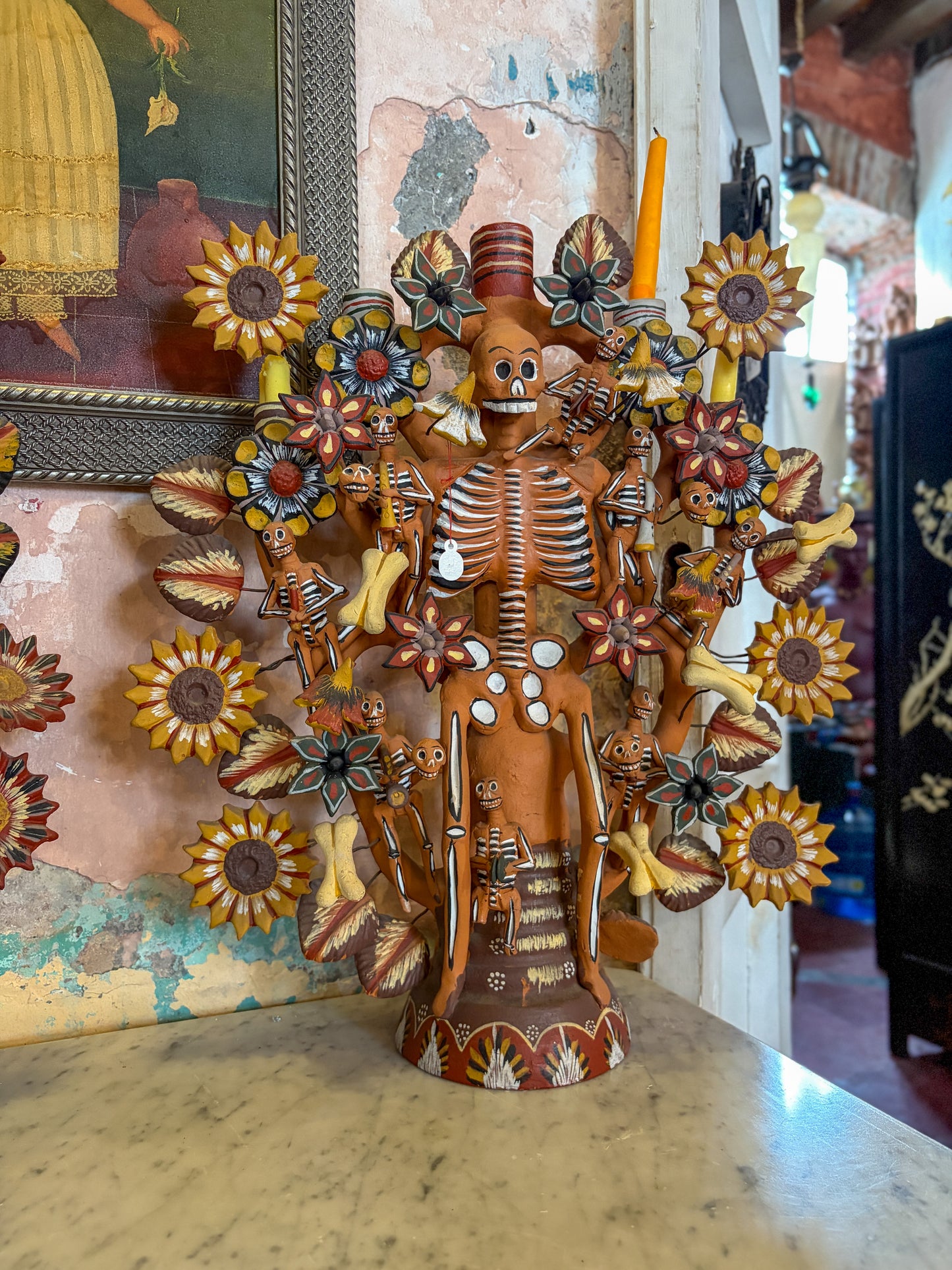 Polychrome fired clay tree of life candelabra with skeleton, Metepec Mexico, circa 1970s, Mexican folk art, top view