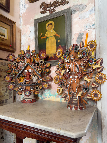 Polychrome fired clay tree of life candelabra with skeleton musicians, Metepec Mexico, Mexican folk art, in-situ display, artist studio setting