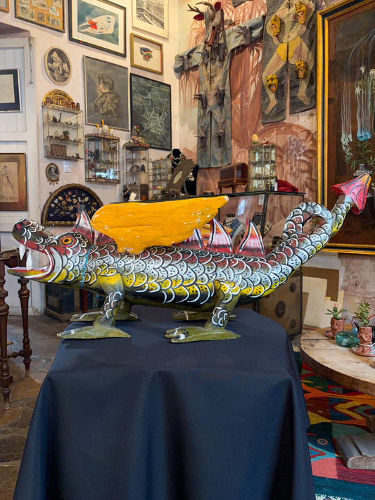 Polychrome carved wood winged dragon sculpture alebrije, Guerrero Mexican folk art