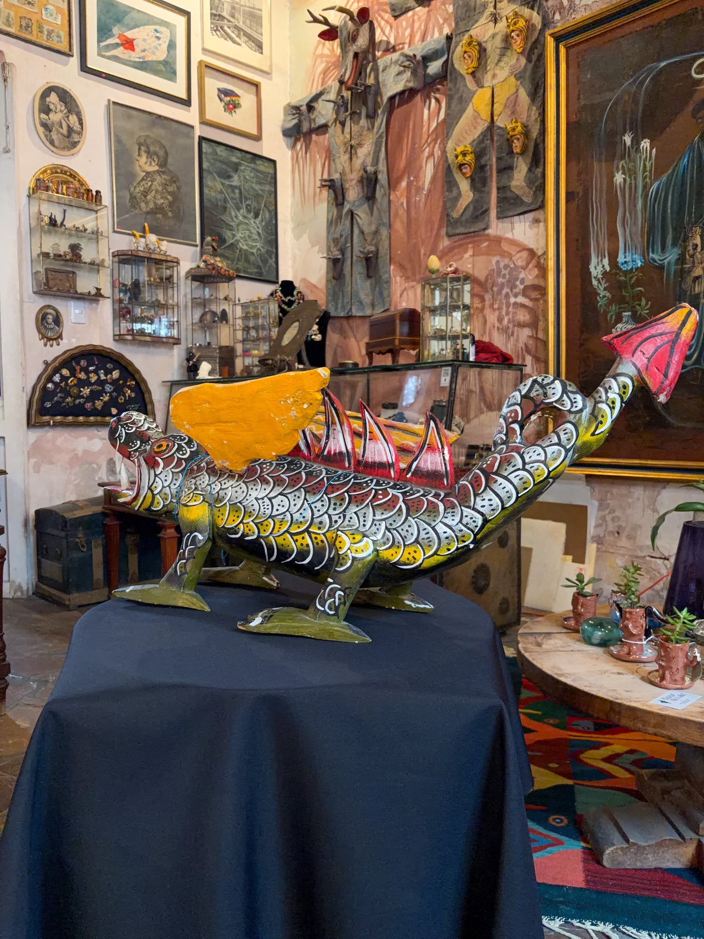 Polychrome carved wood winged dragon sculpture alebrije, Guerrero Mexican folk art, back view