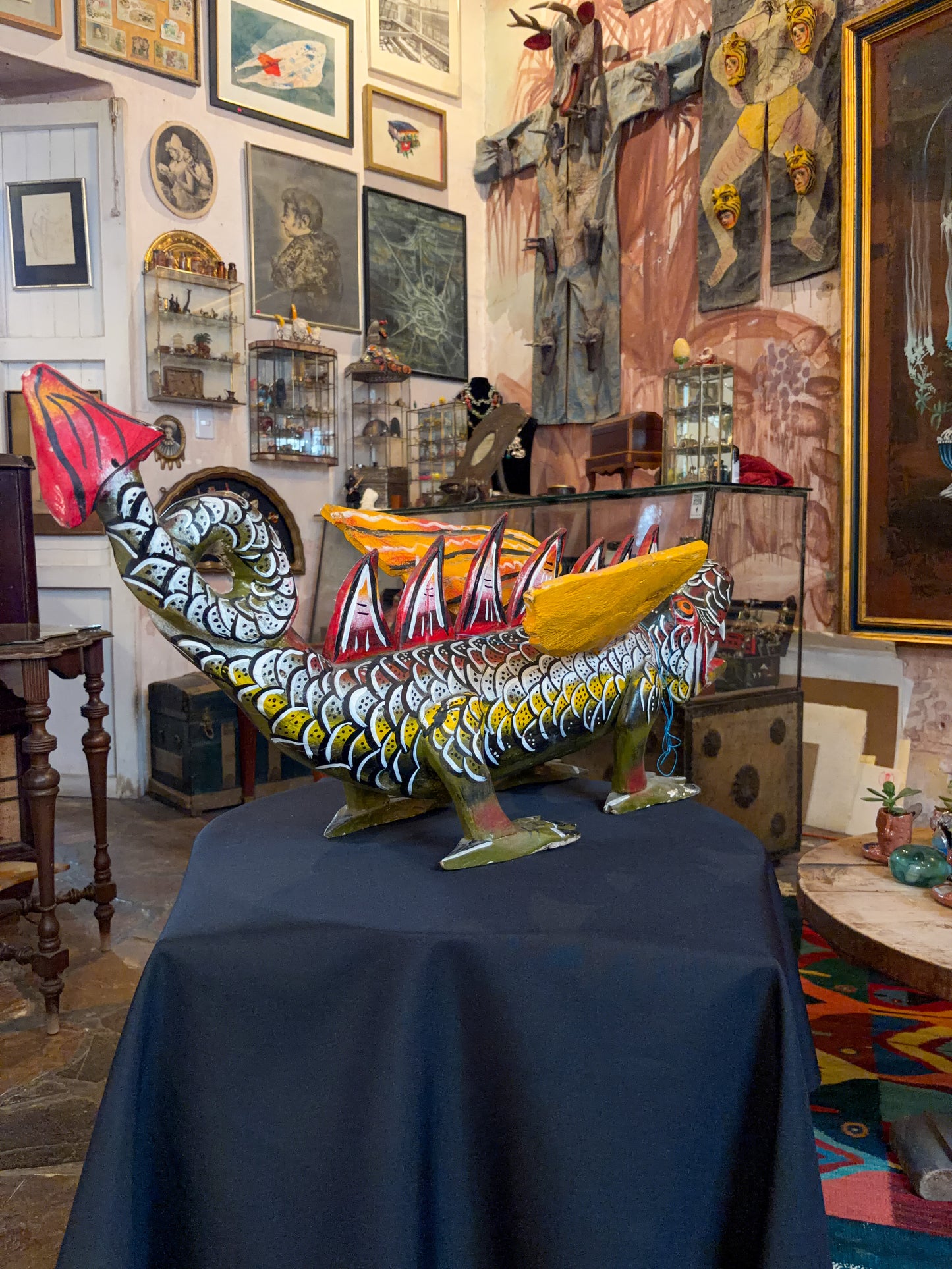 Polychrome carved wood winged dragon sculpture alebrije, Guerrero Mexican folk art, painted detail