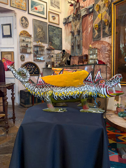 Polychrome carved wood winged dragon sculpture alebrije, Guerrero Mexican folk art, in-situ display, full dragon in studio setting